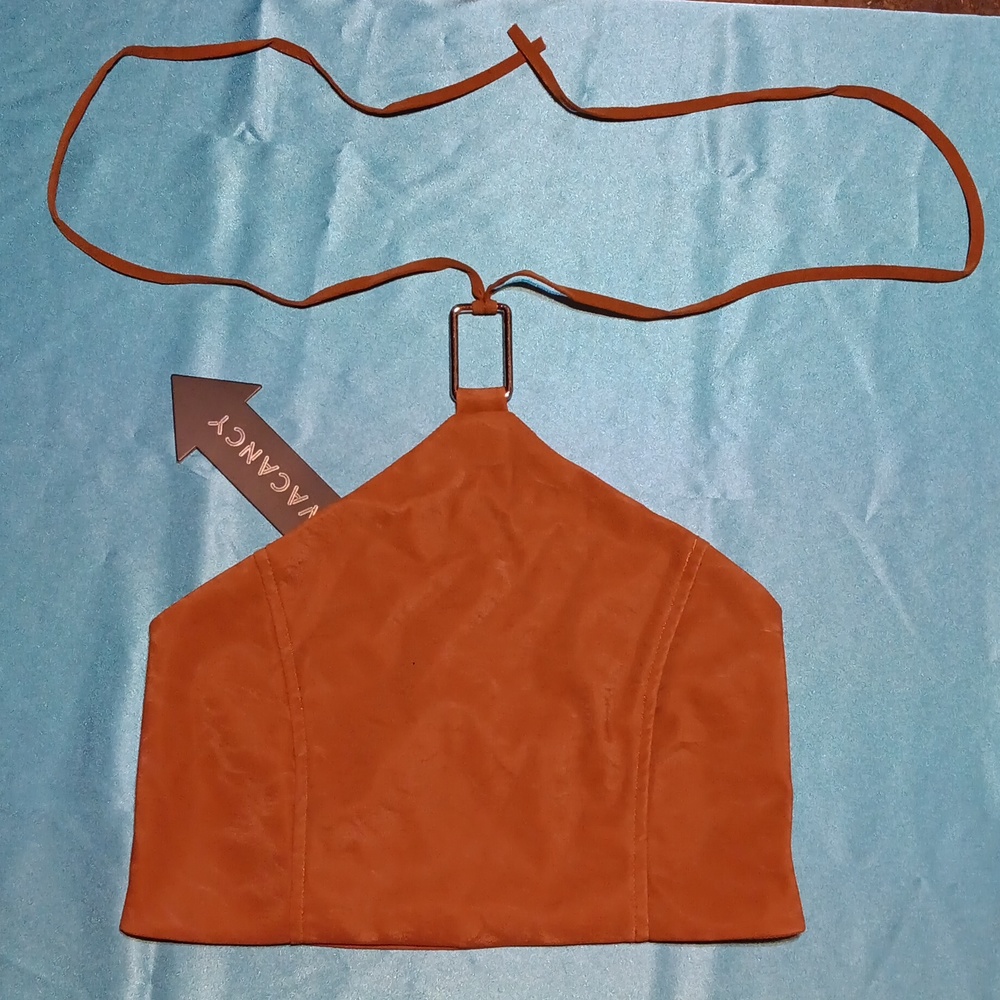 Dolls Kill × No Vacancy Faux Suede Halter Tie Mocha Brown Crop Top (M)